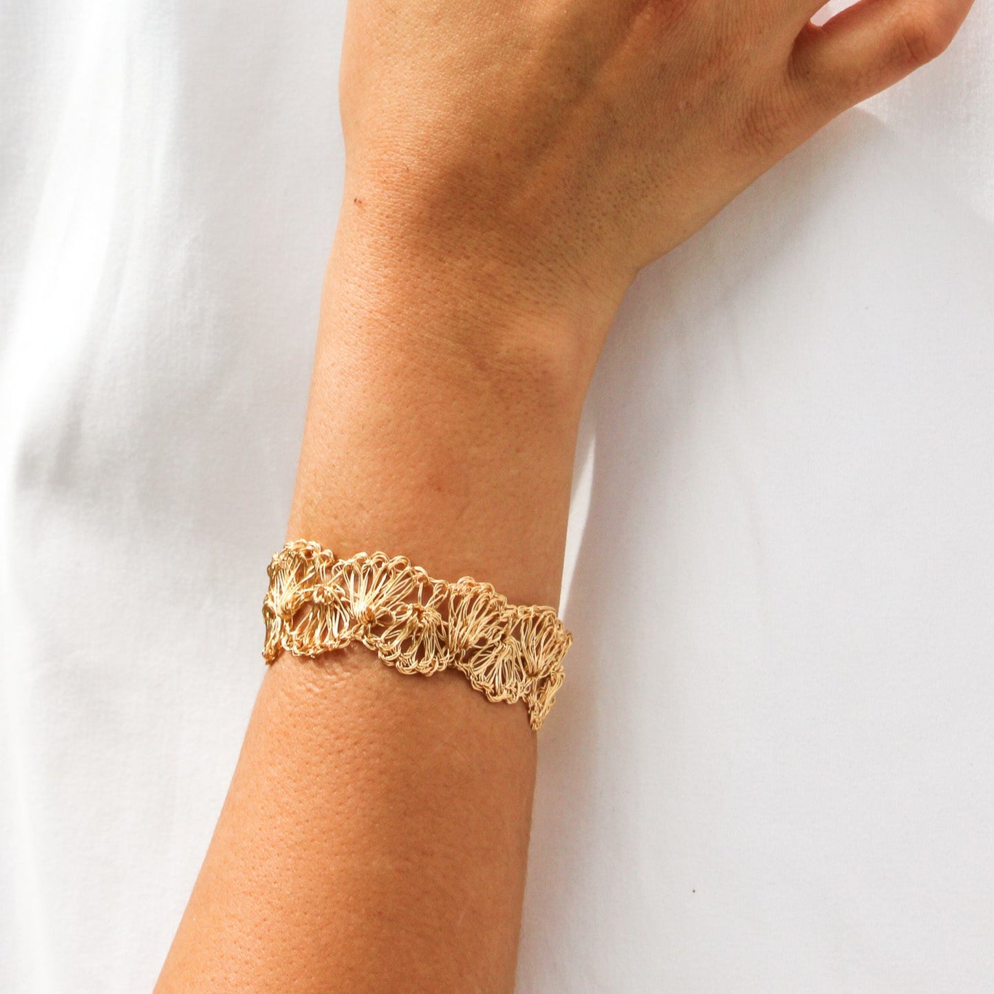 Crochet Bracelet gold 18k gold plated magnetic closure. Handmade crochet jewelry. wedding guest jewelry.