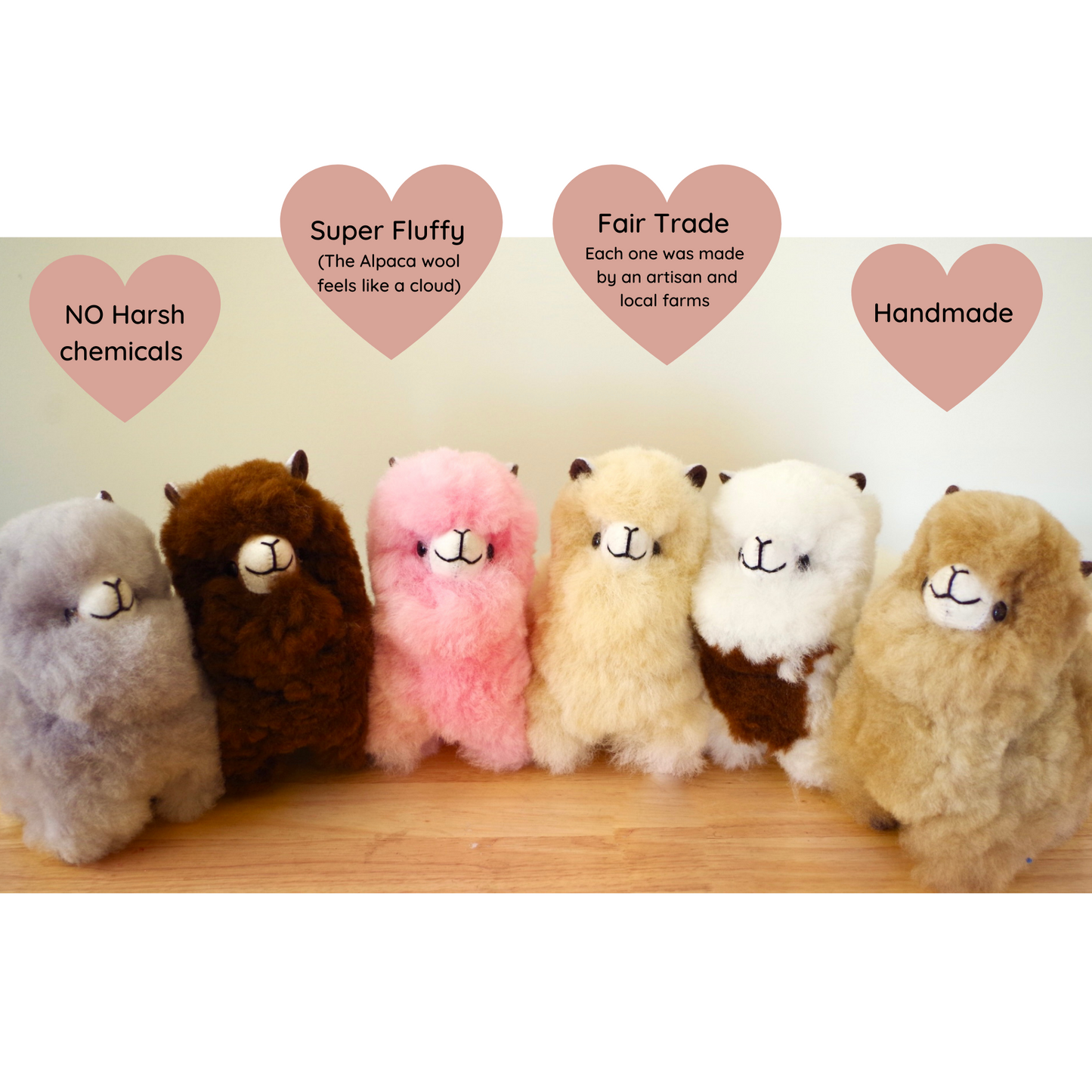 Home decor or gift soft llama plushies. 100% alpaca wool plushies. Made by Bolivian and Peruvian artisans. Colors available: Pink, Beige, White, Gray. Sizes: 8 x 8 in