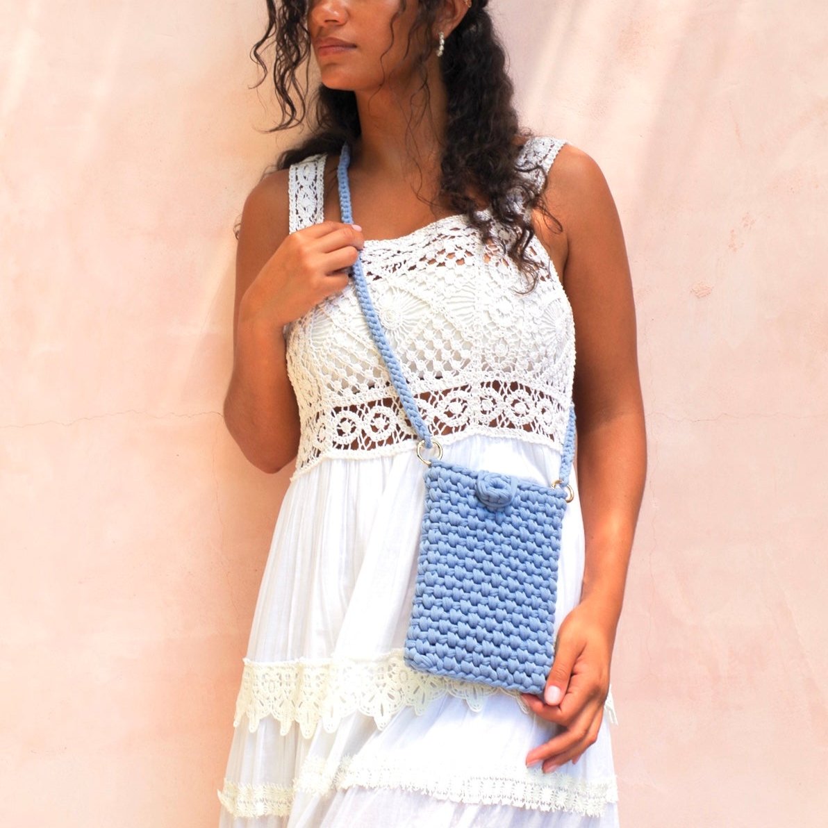 Handmade Crochet Crossbody woven Phone pouch. Cross body boho summer bag