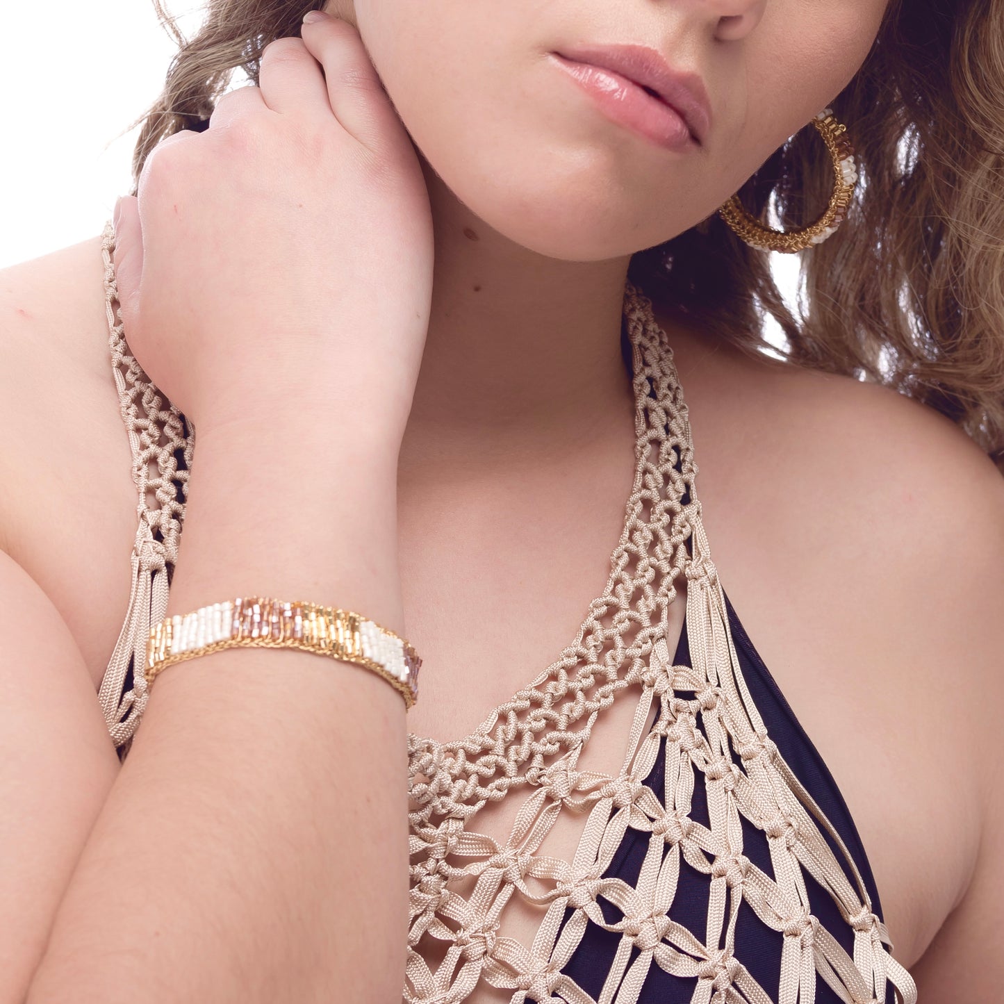 Multi layered beaded crochet gold bracelet. 18 k plated wire gold. Handmade Elegant statement piece bracelet