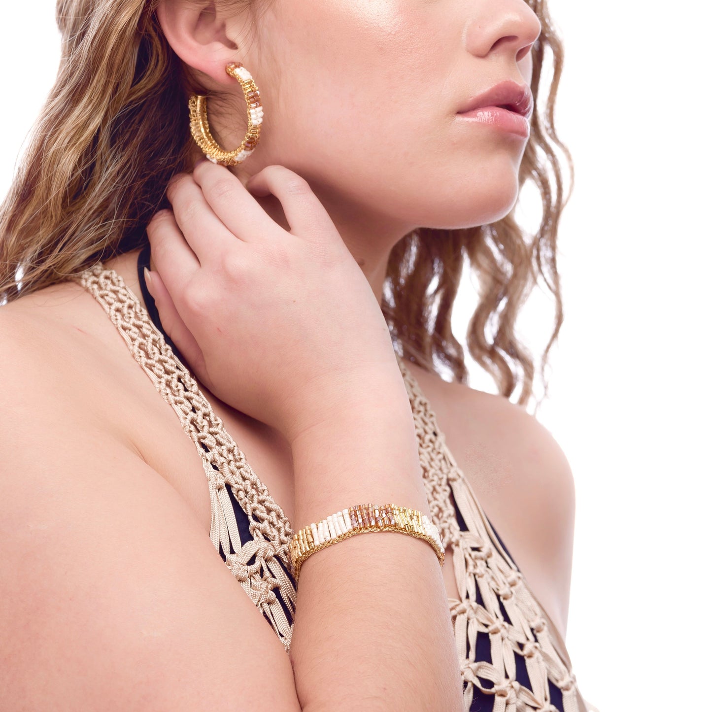 Multi layered beaded crochet gold bracelet. 18 k plated wire gold. Handmade Elegant statement piece bracelet