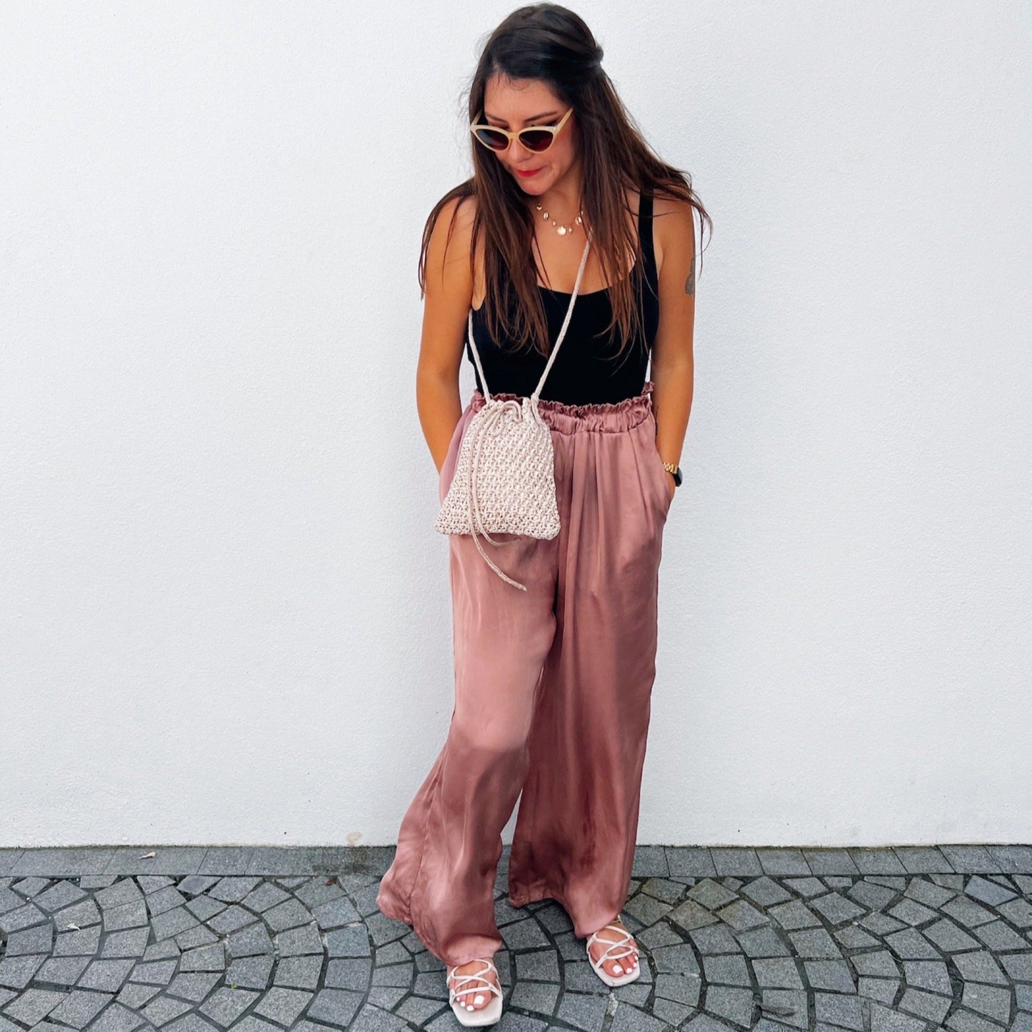 Handmade purse. Crochet strap, Fully lined, includes pockets. Drawstring crochet bag perfect for traveling.