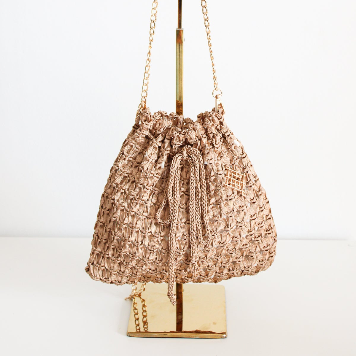 Handmade purse. Crochet strap, Fully lined, includes pockets. Drawstring crochet bag perfect for traveling.