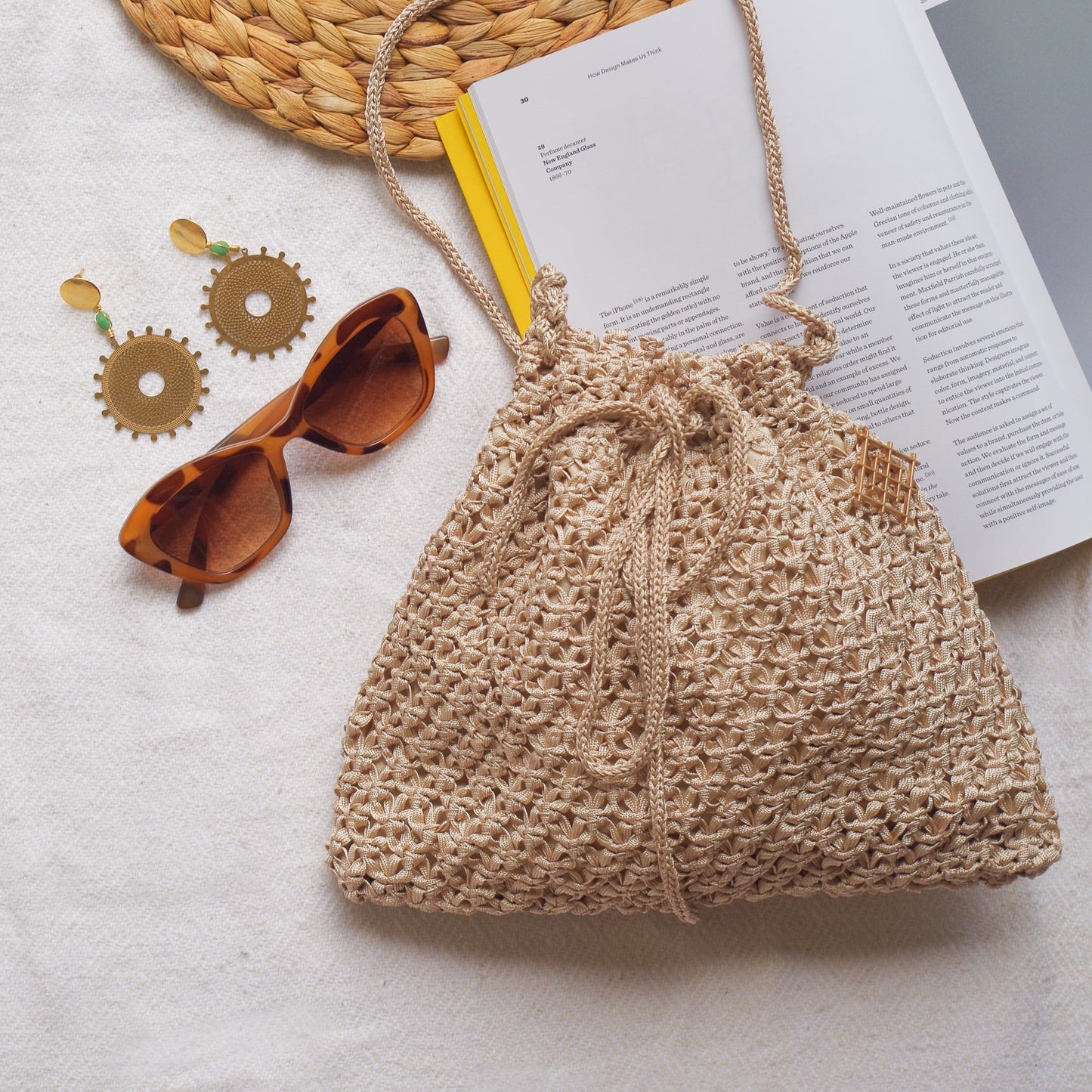 Handmade purse. Crochet strap, Fully lined, includes pockets. Drawstring macrame bag perfect for traveling.