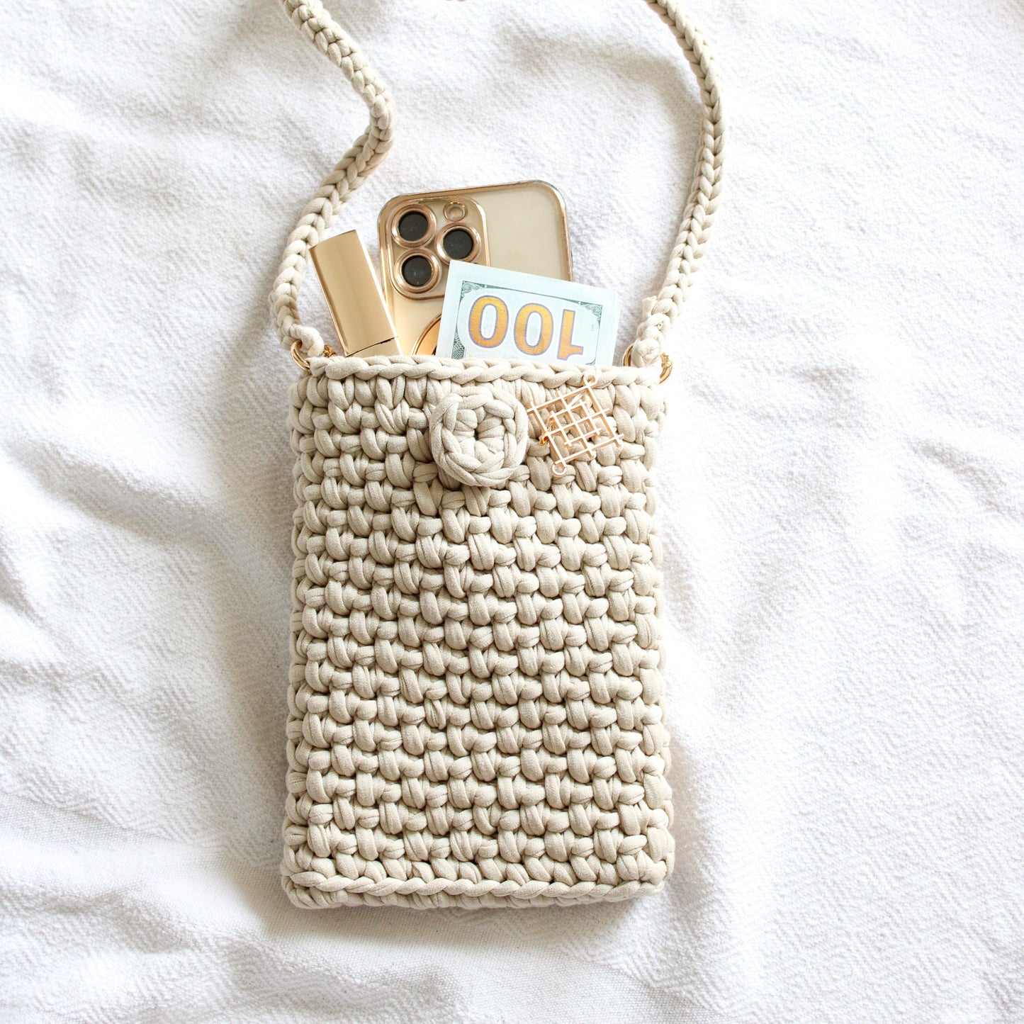 Handmade Crochet Crossbody woven Phone pouch. Cross body boho summer bag. Textured small boho purse