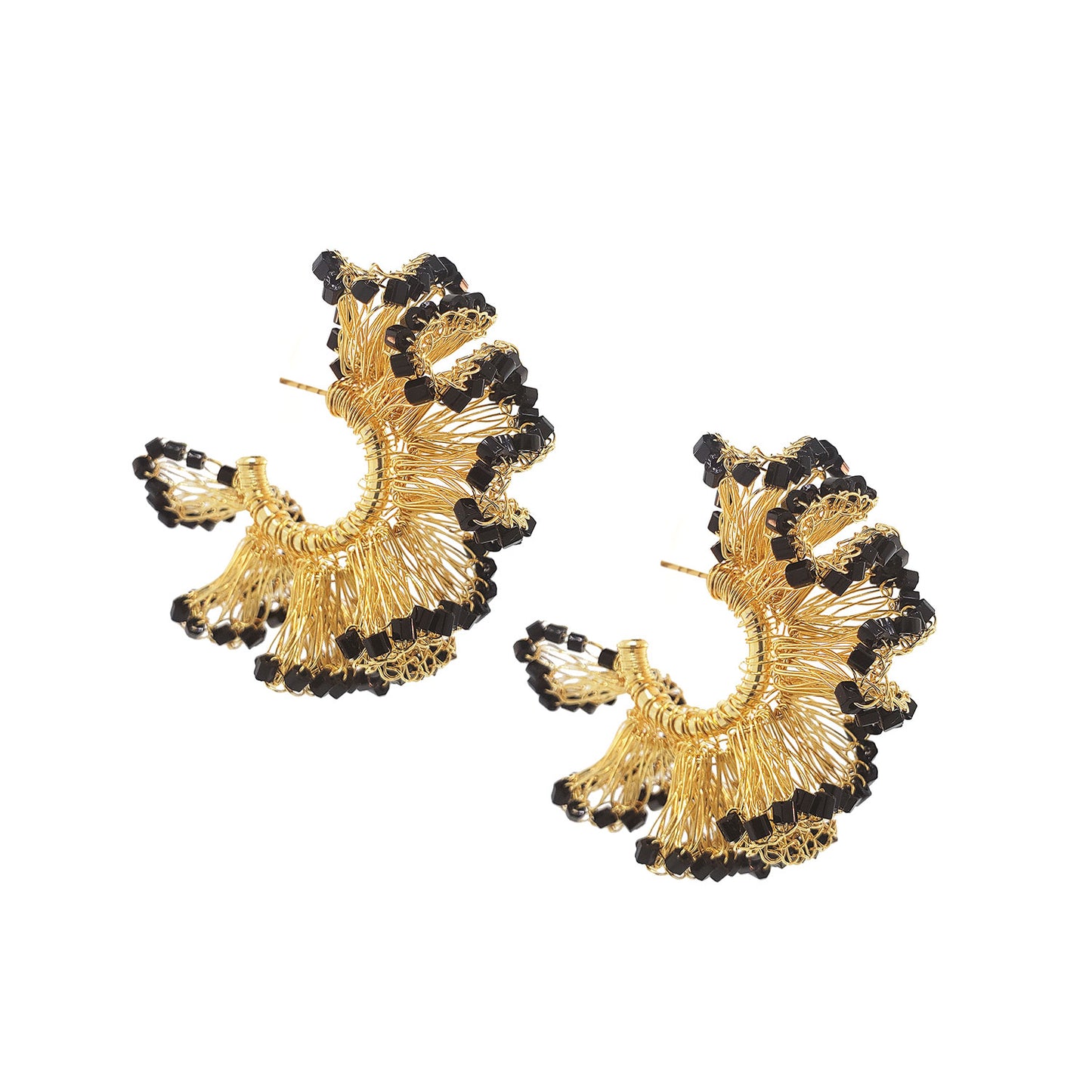 Lightweight ruffled crochet hoops, Black beads and 18 karat gold filled copper wire and create a statement look without the weight or bulk!