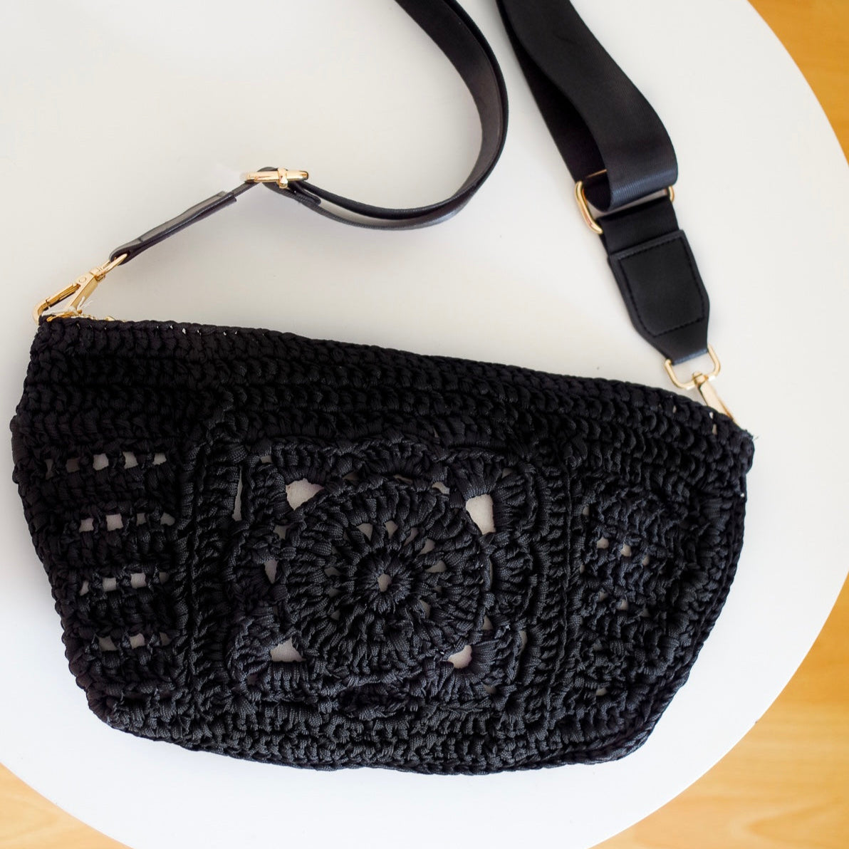 Black crochet crossbody bag. This sling bag is handmade with granny square design. Crochet handmade fanny pack