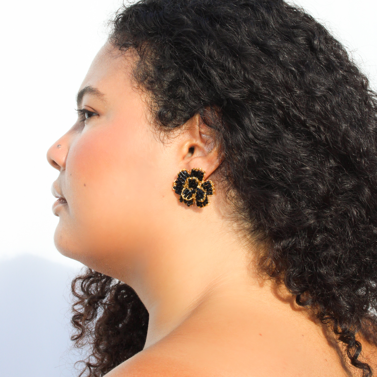 Handmade crochet multilayered earrings. Gold wire and black shiny beads. flower inspired shaped earrings for her. Post and clip elegant earrings