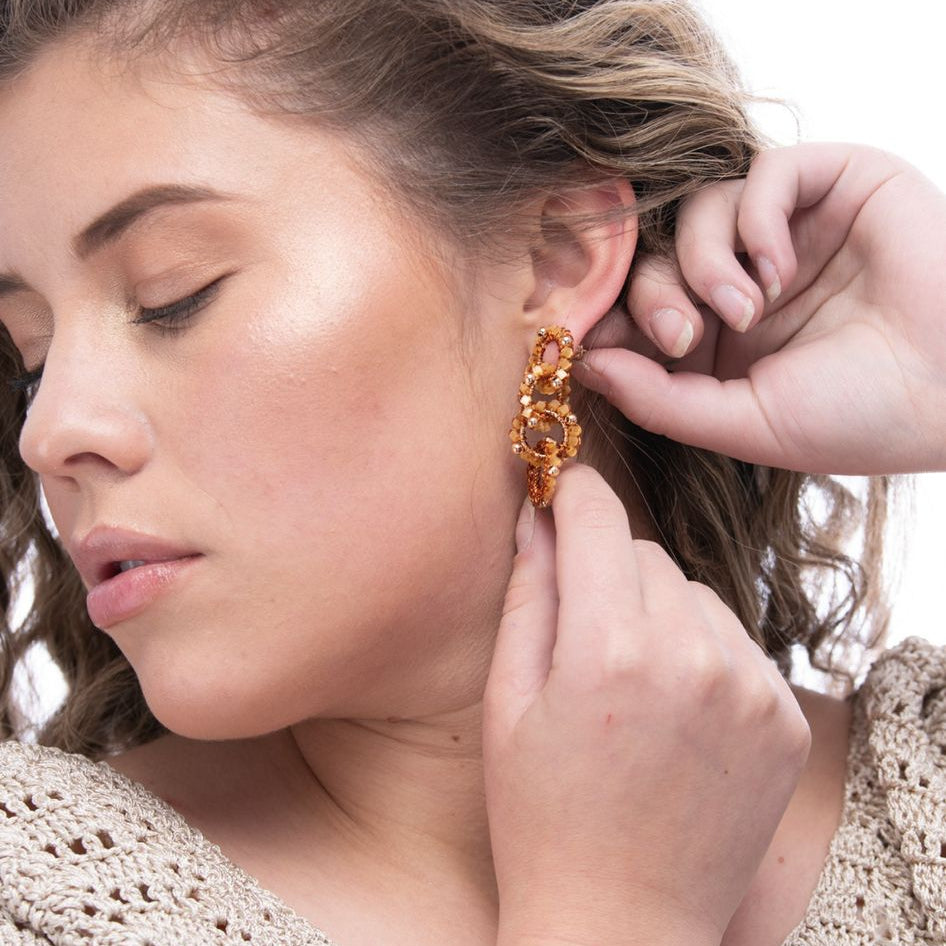 Handmade bronze jewelry, long crochet artisan made earrings