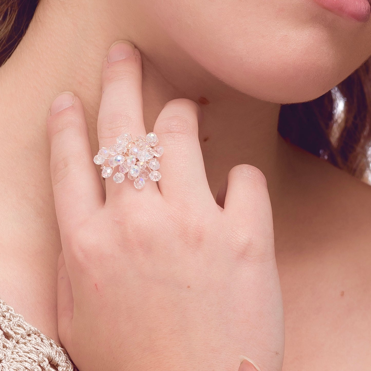 18 Karat Gold Filled Wire Multilayer pompom ring. Clear bead gold handmade ring