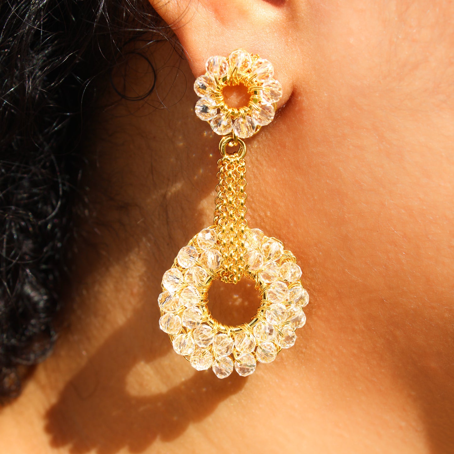 Lightweight crochet dangles with clear quartz. Handmade crochet beaded earrings - 18 karat gold filled copper wire and create a statement look without the weight or bulk! versatile accessories