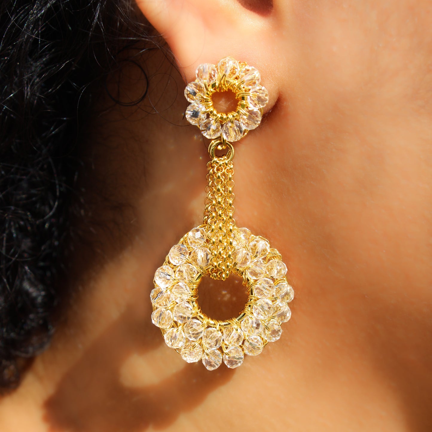 Lightweight crochet dangles with clear quartz. Handmade crochet beaded earrings - 18 karat gold filled copper wire and create a statement look without the weight or bulk! versatile accessories