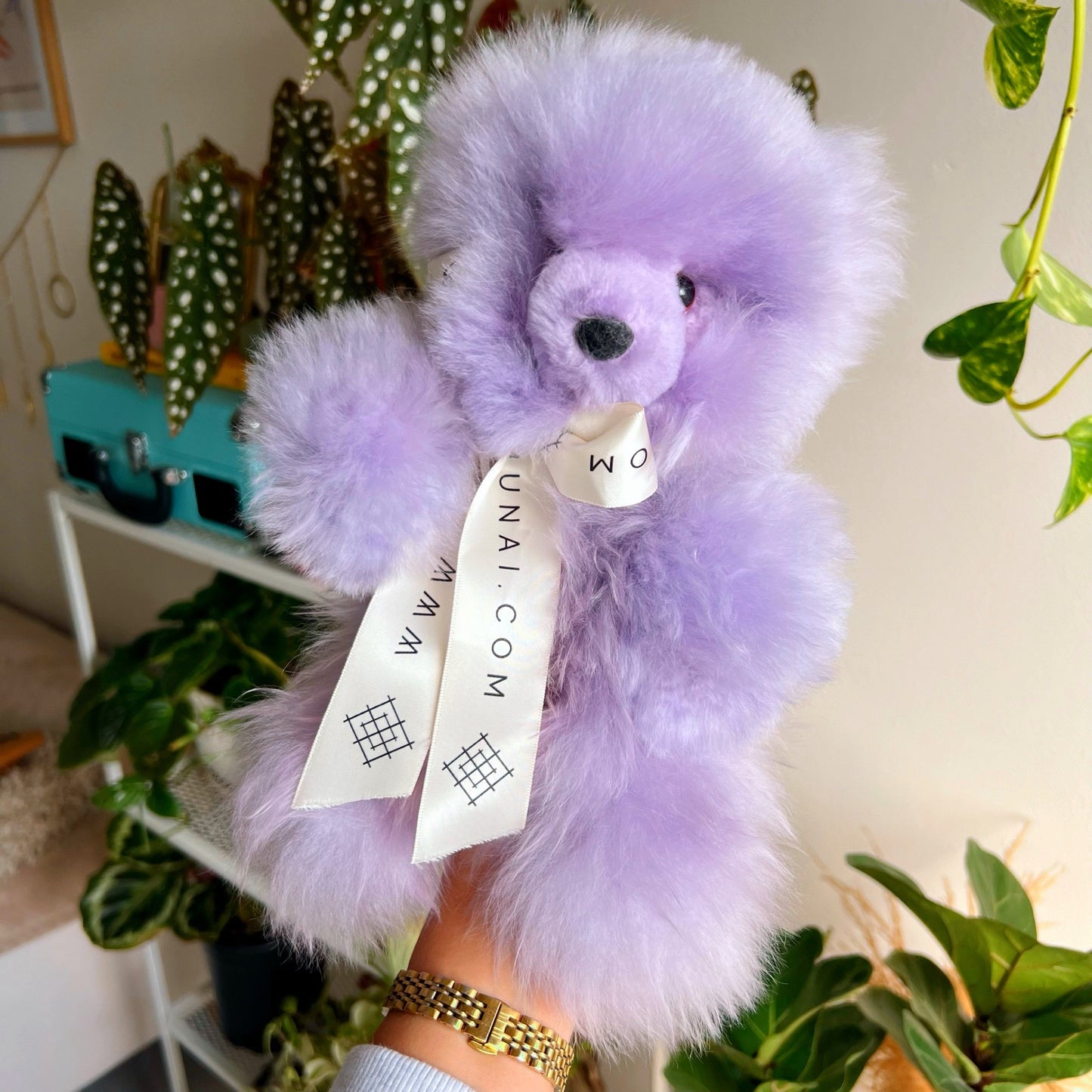 Alpaca wool teddy bear plushie gift or home decoration.100% baby lilac 
alpaca wool. Handmade by Bolivian and Peruvian artisans.