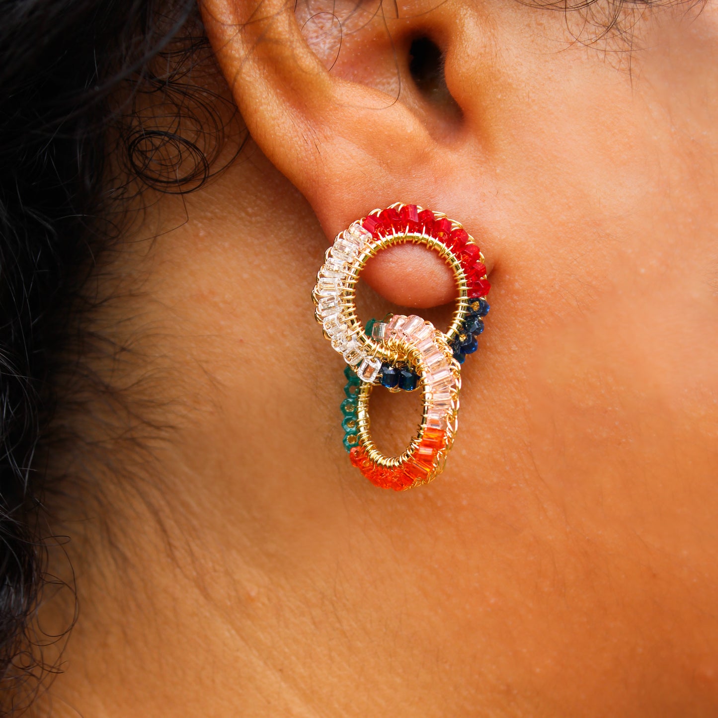 Crochet beaded geometric earrings. 18 karat gold filled copper wire. Super lightweight earrings with colored beads