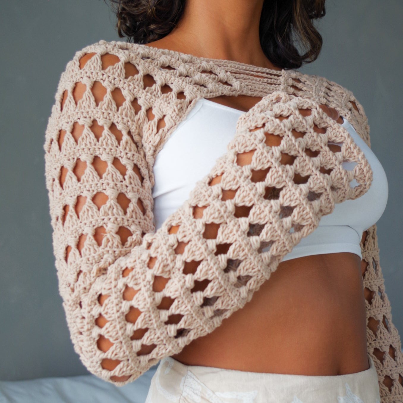 Beige Crochet Bolero short sweater. Handmade soft layering shrug piece with bell sleeves
