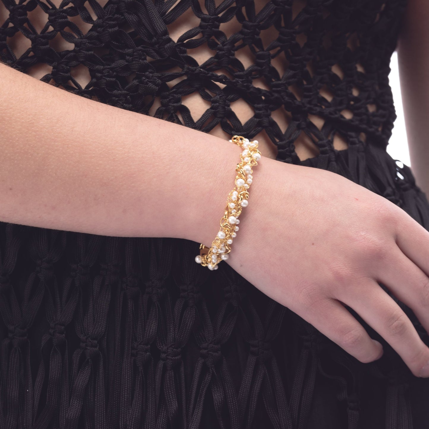 Crochet Bracelet gold 18k gold plated wire. Pearl Handmade crochet jewelry. wedding guest jewelry.