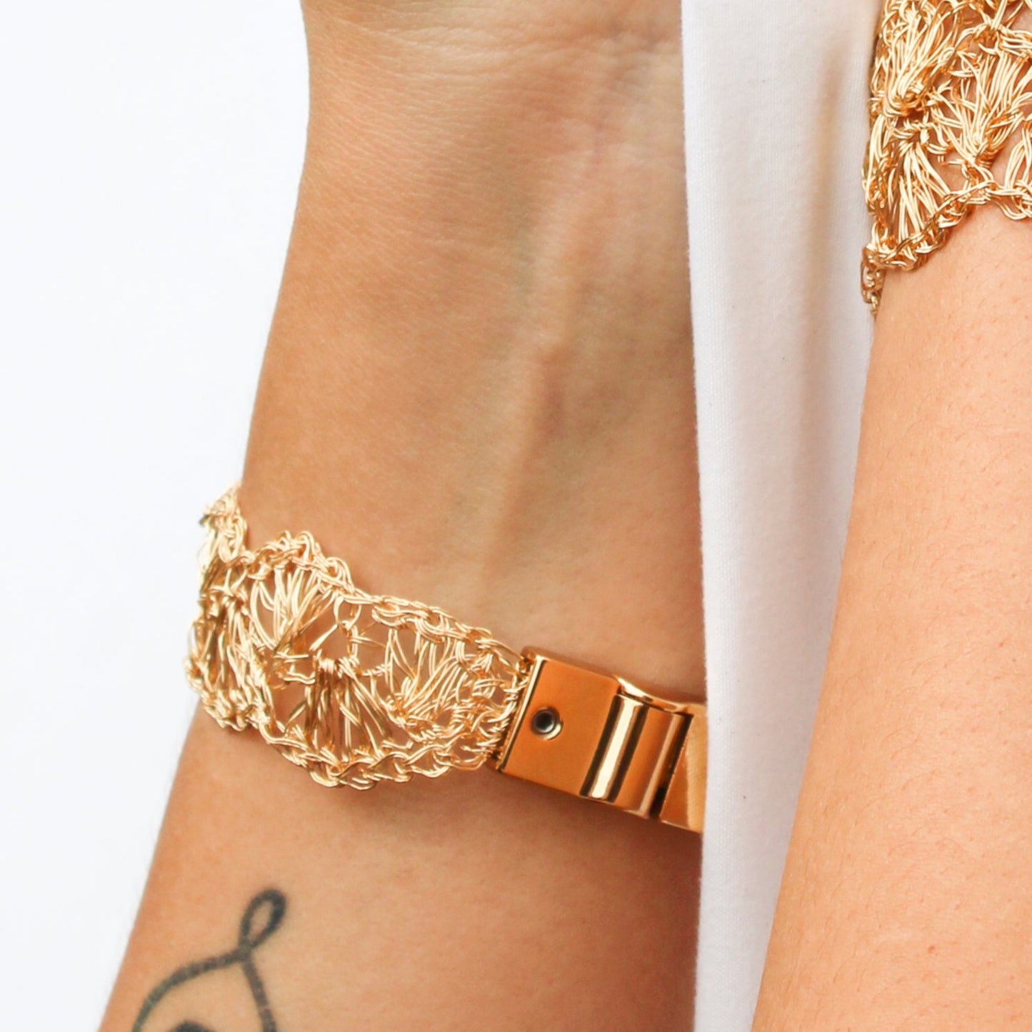 Crochet Bracelet gold 18k gold plated magnetic closure. Handmade crochet jewelry. wedding guest jewelry.