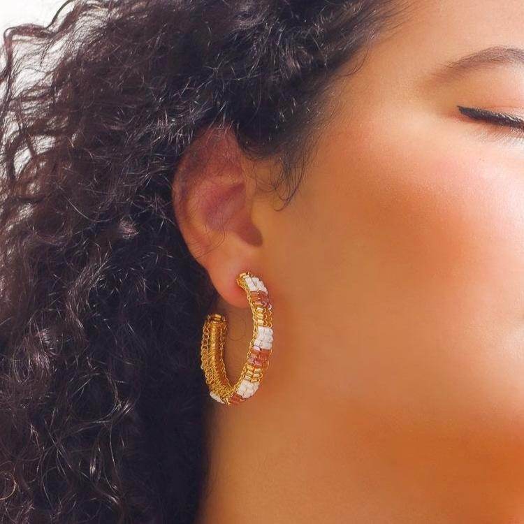 Delicate handmade crochet beaded earrings - Gold hoop thin earrings - versatile accessories