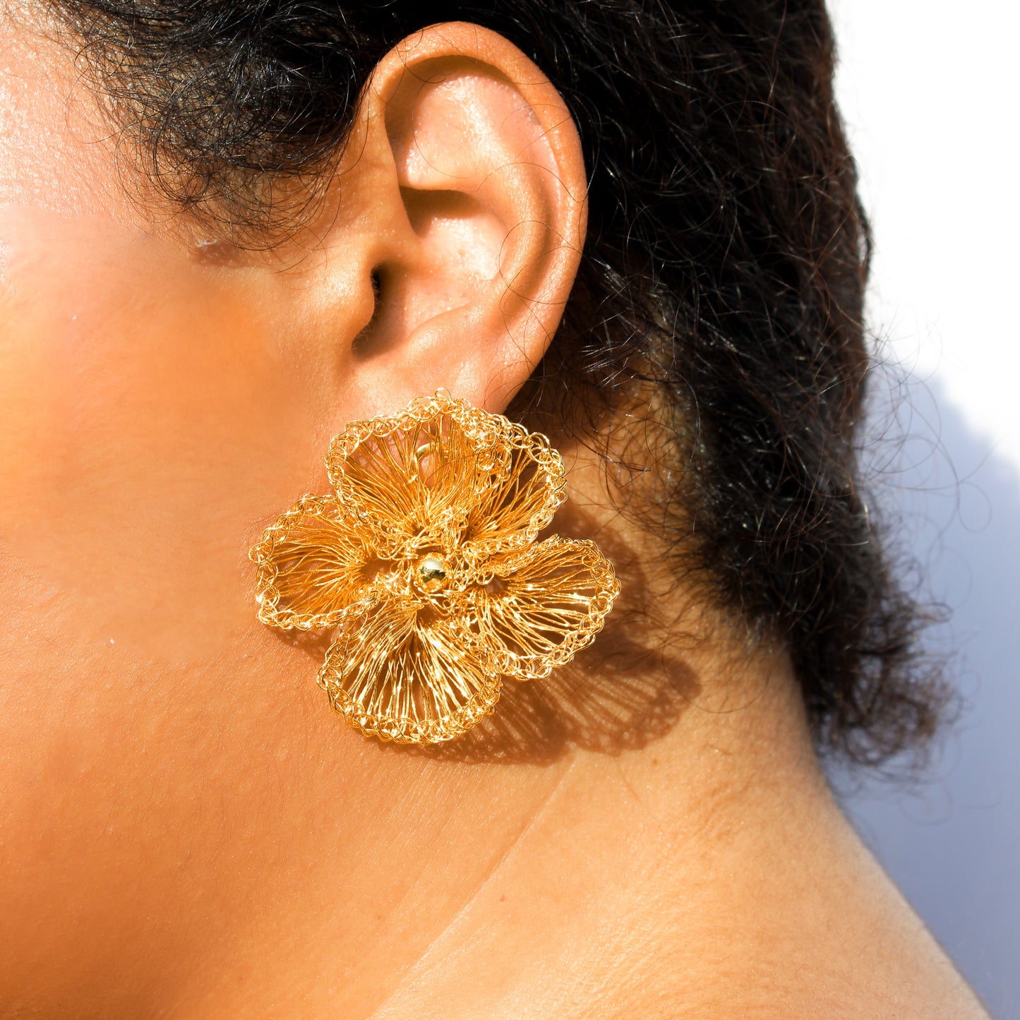 Flower handmade crochet earrings. Handmade crochet 18 karat gold filled copper wire. Lightweight Big flower gold earrings