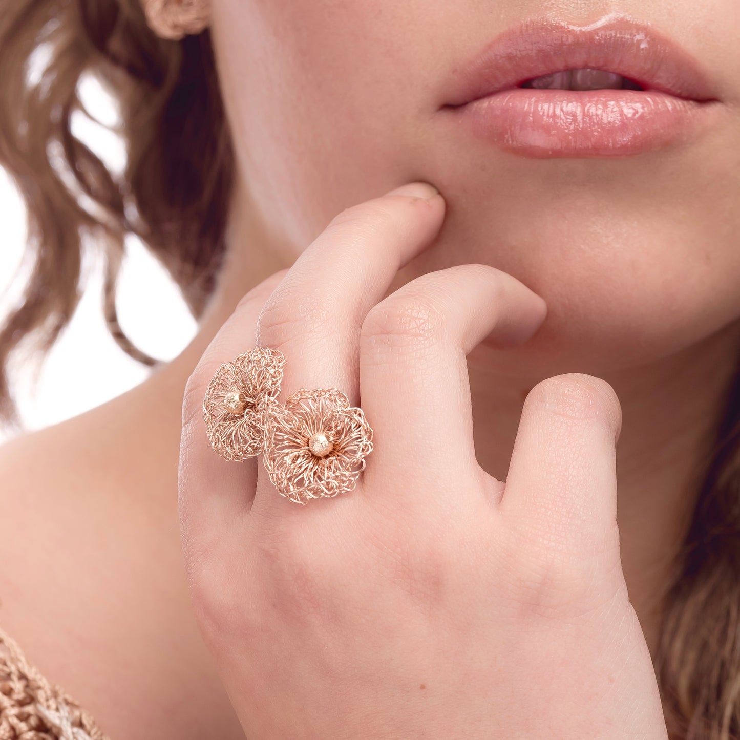 Flower shape handmade crochet ring. 18 Karat Gold Filled Wire made in brazil.