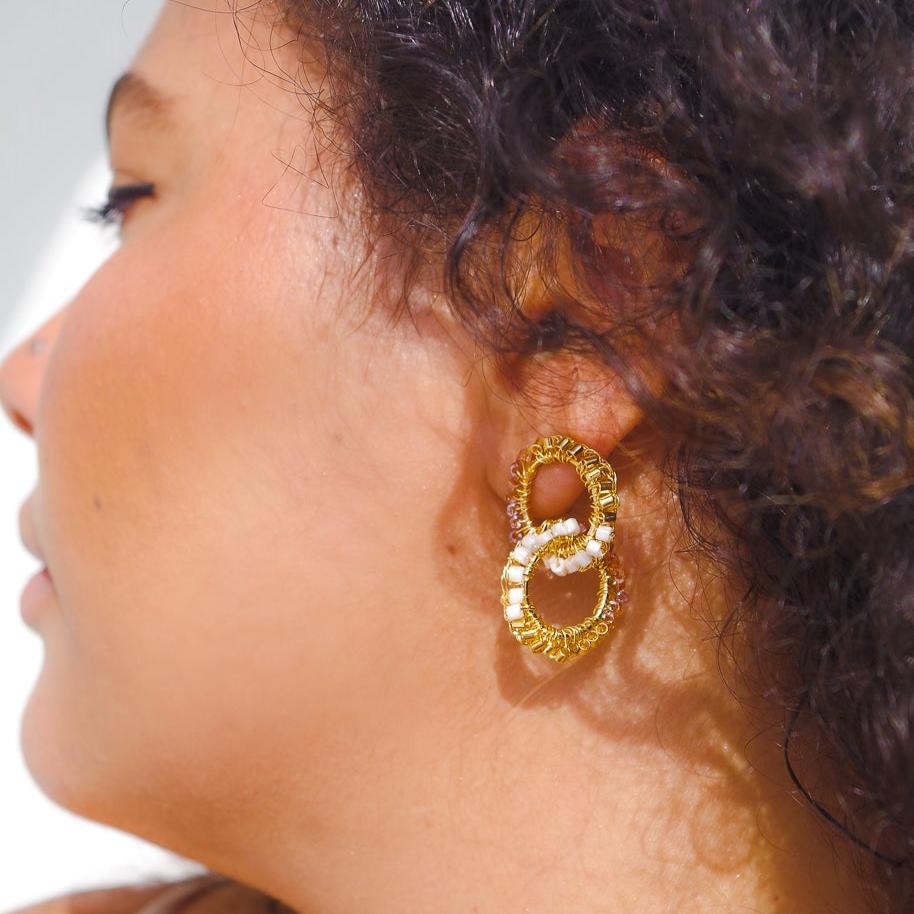 Crochet beaded geometric earrings. 18 karat gold filled copper wire. Super lightweight earrings with colored beads