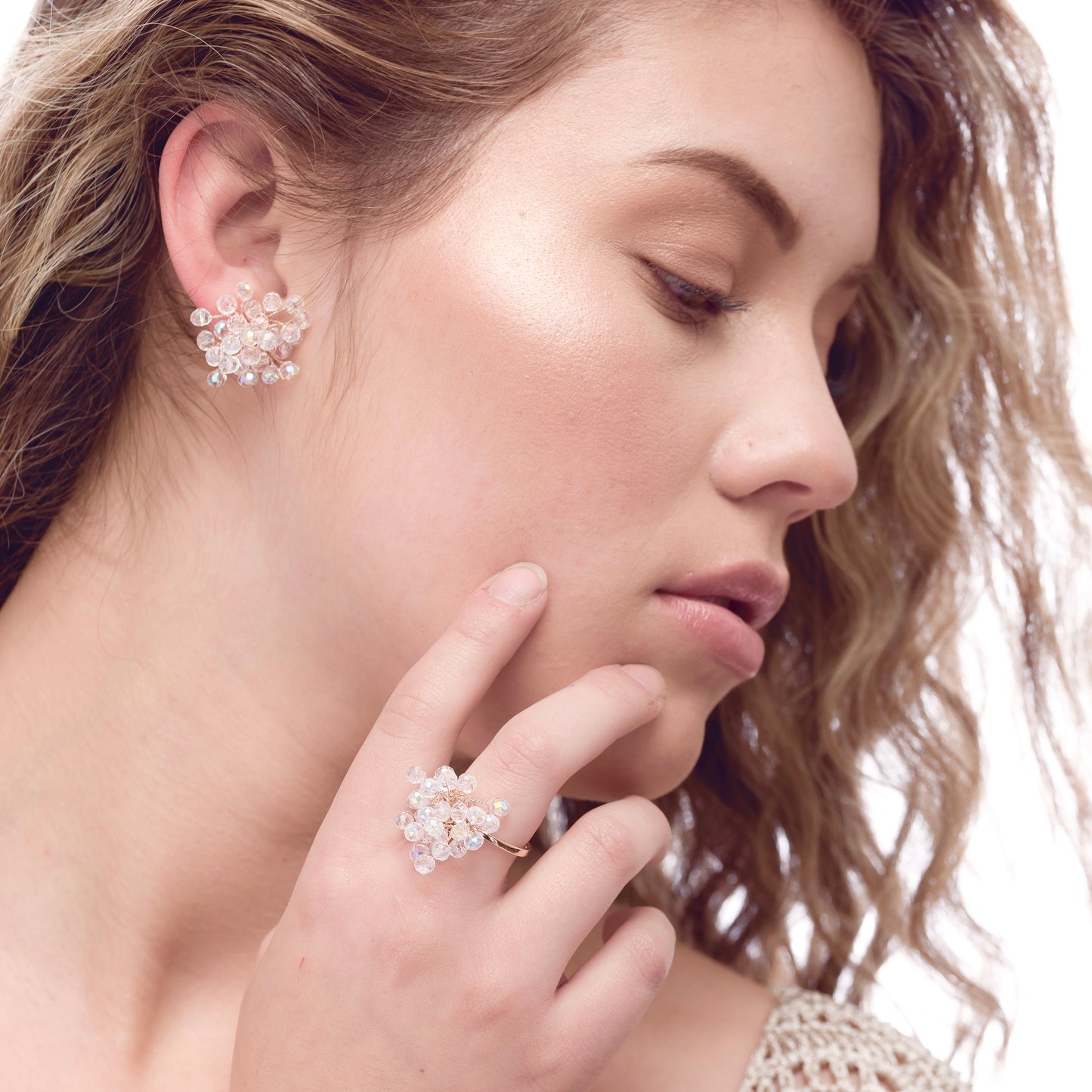 18 Karat Gold Filled Wire Multilayer pompom ring. Clear bead gold handmade ring