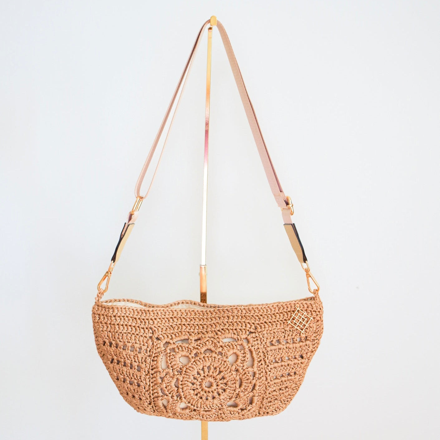 Gold crochet crossbody bag. This sling bag is handmade with granny square design. Gold handmade fanny pack
