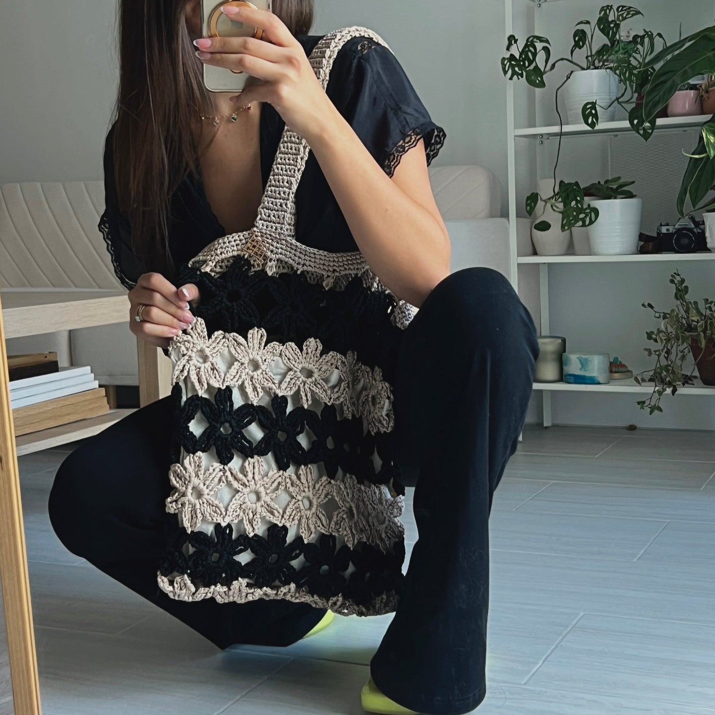 Handmade crochet flower tote bag in beige. This handmade tote bag features soft interior lining and pocket. each bag has over 40 crochet flowers and has lots of space to fit your stuff, like phone, wallet, glasses, make up bag, hat, etc. Perfect classy handmade tote bag in beige and black