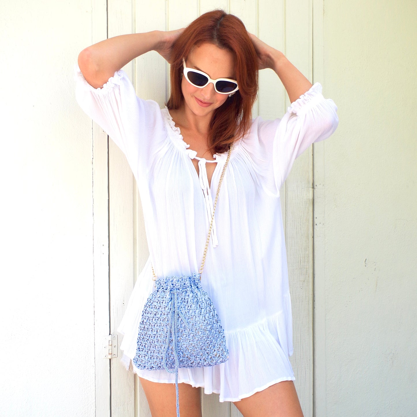 Handmade purse. Crochet strap, Fully lined, includes pockets. Drawstring crochet bag perfect for traveling.