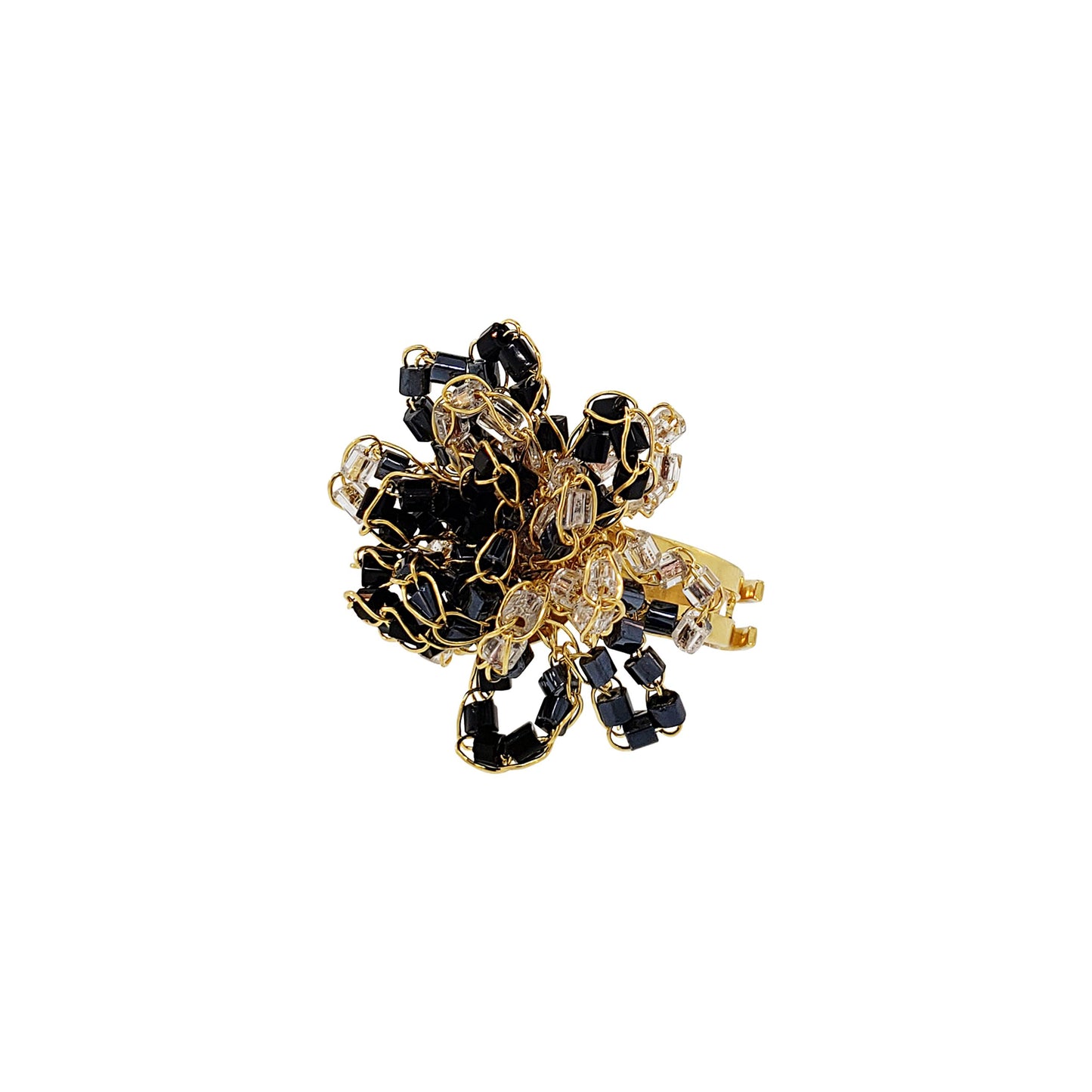 Black and clear bead flower ring. 18 Karat Gold Filled Wire Handmade crochet ring. made in brazil