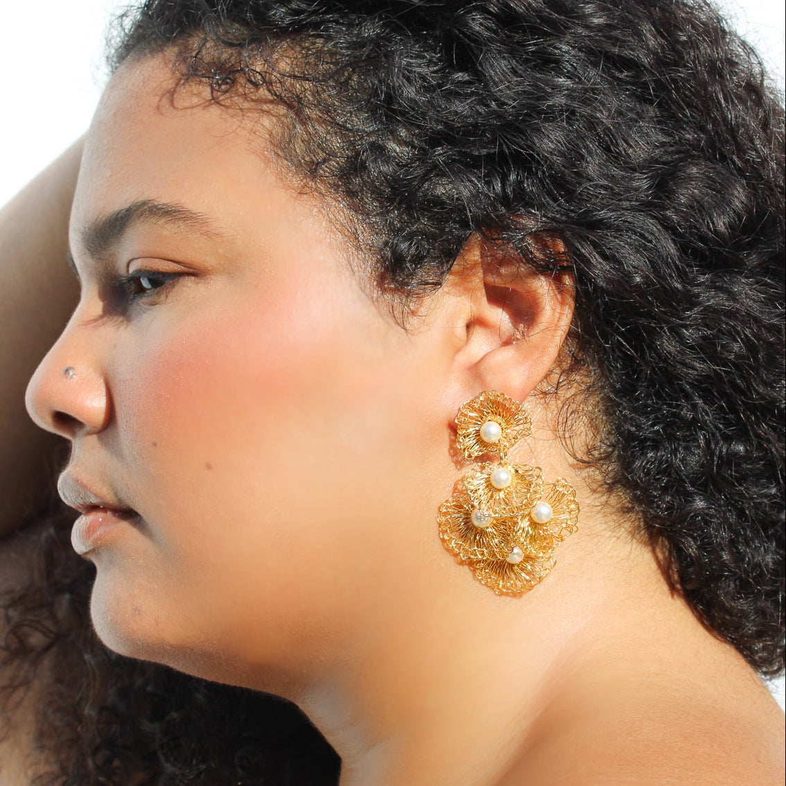 Multy layered shell crochet pearl earrings. Handmade crochet long gold earrings with pearl beads. Dangle and drop earrings