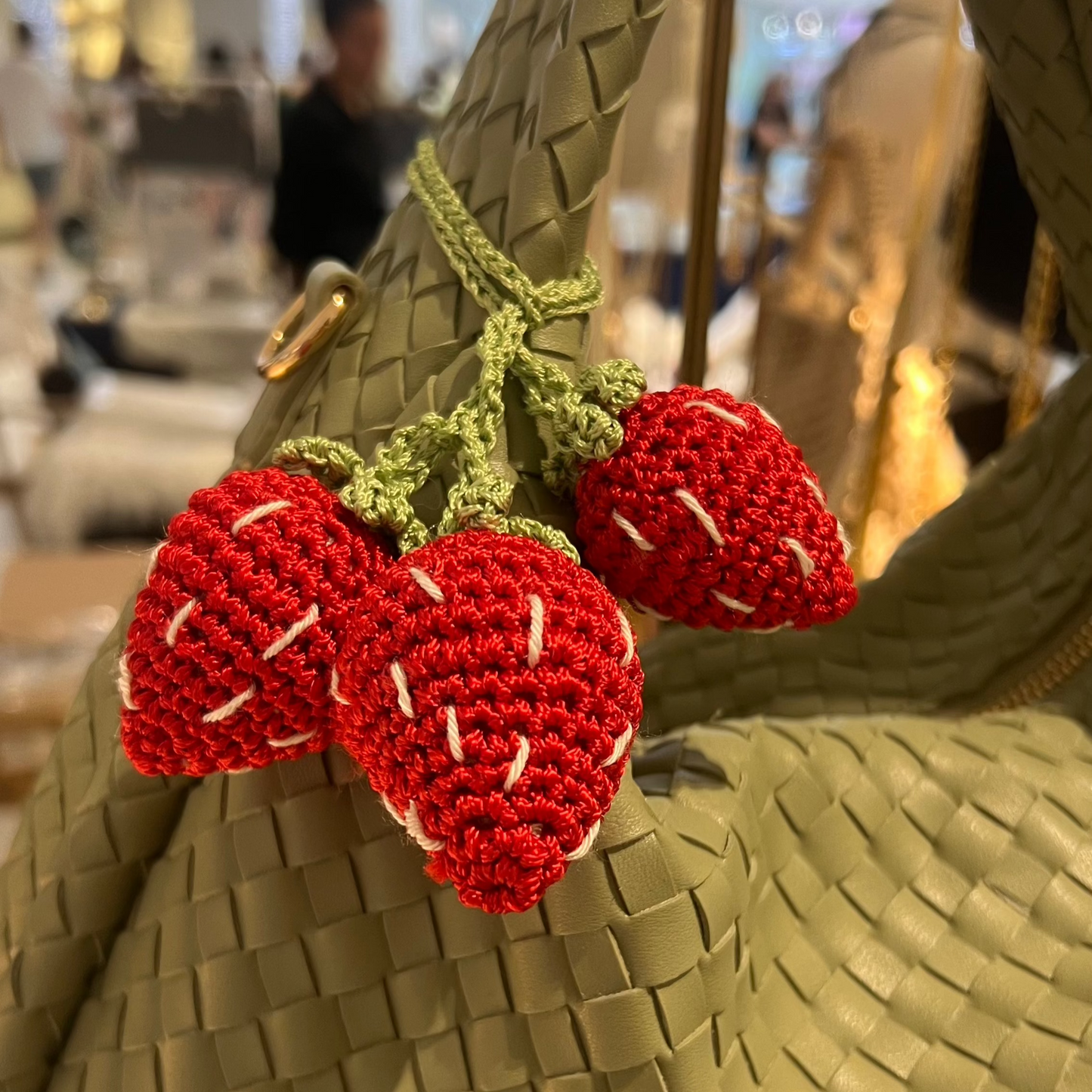 Handmade bright amigurumi strawberries. Decoration for purse, bag or backpack. Red and green strawberries bag charm. Perfect gift for friends and family. Add a pop of color and personality yo your bags. Fruit bag charms