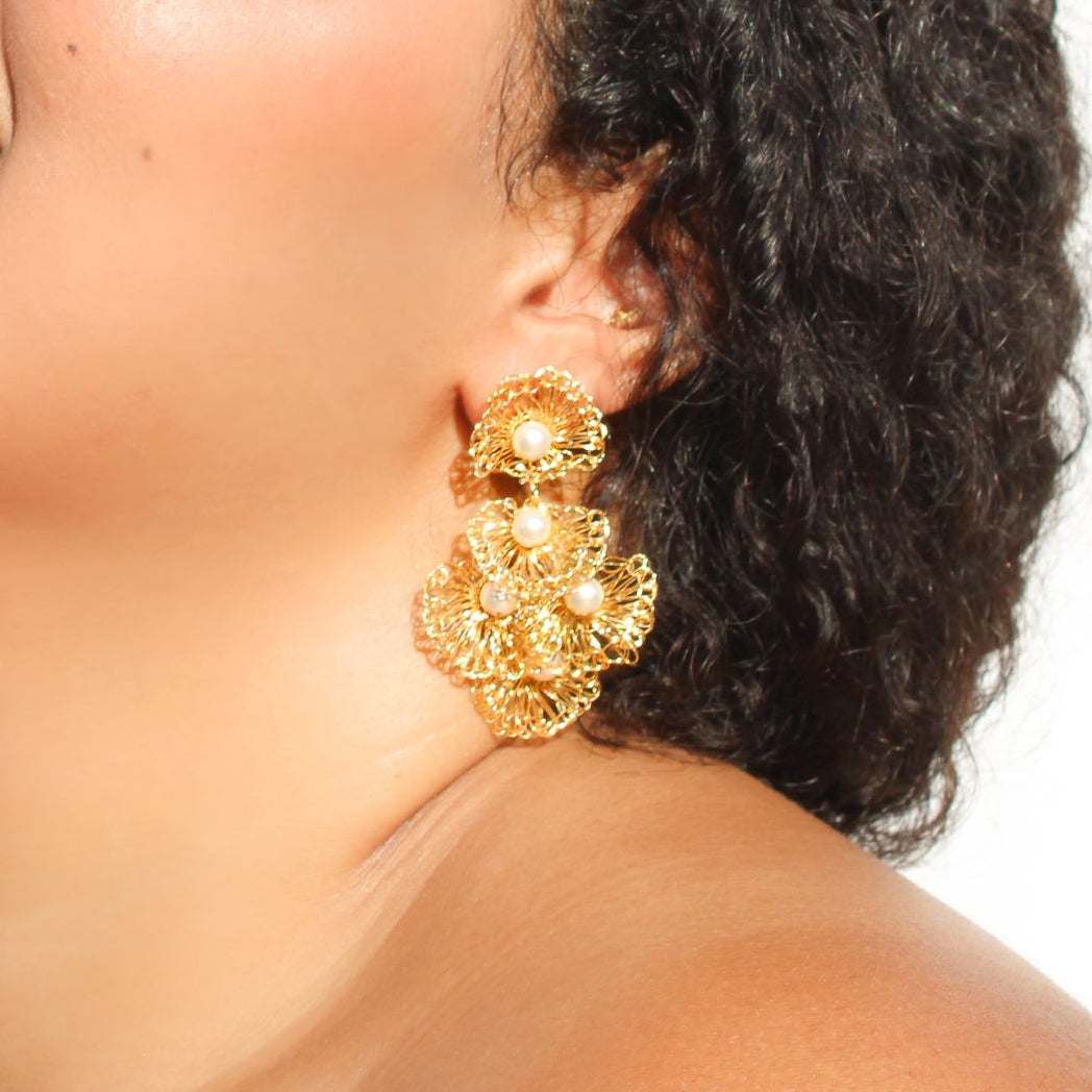 Multi layered shell crochet pearl earrings. Handmade crochet long gold earrings with pearl beads. Dangle and drop earrings