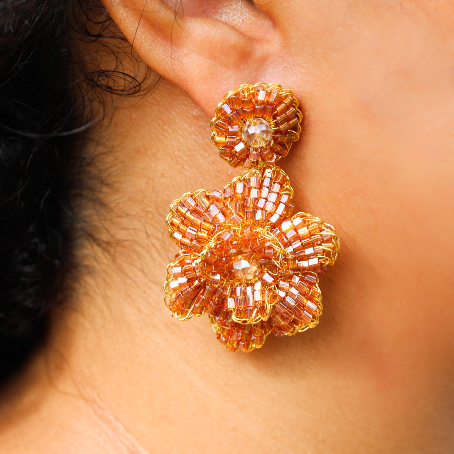 Intricate Flower shaped handmade crochet earrings with crystals. 18k gold plated metal wire. Lightweight comfortable earrings