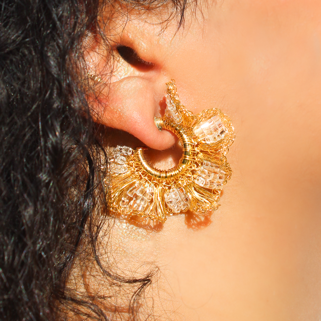 Crochet medium ruffled gold hoop earrings with clear crystal beads. Golden statement lightweight post and clip earrings. Gold and crystal hoop earrings made by hand.