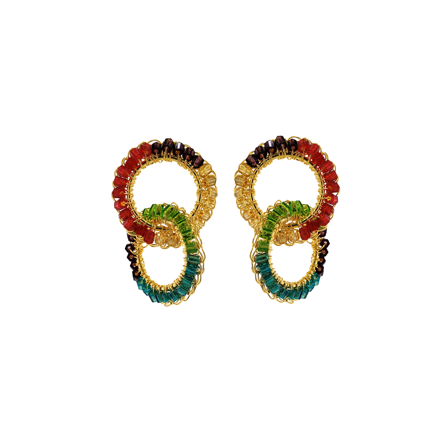 Crochet beaded geometric earrings. 18 karat gold filled copper wire. Super lightweight earrings with colored beads