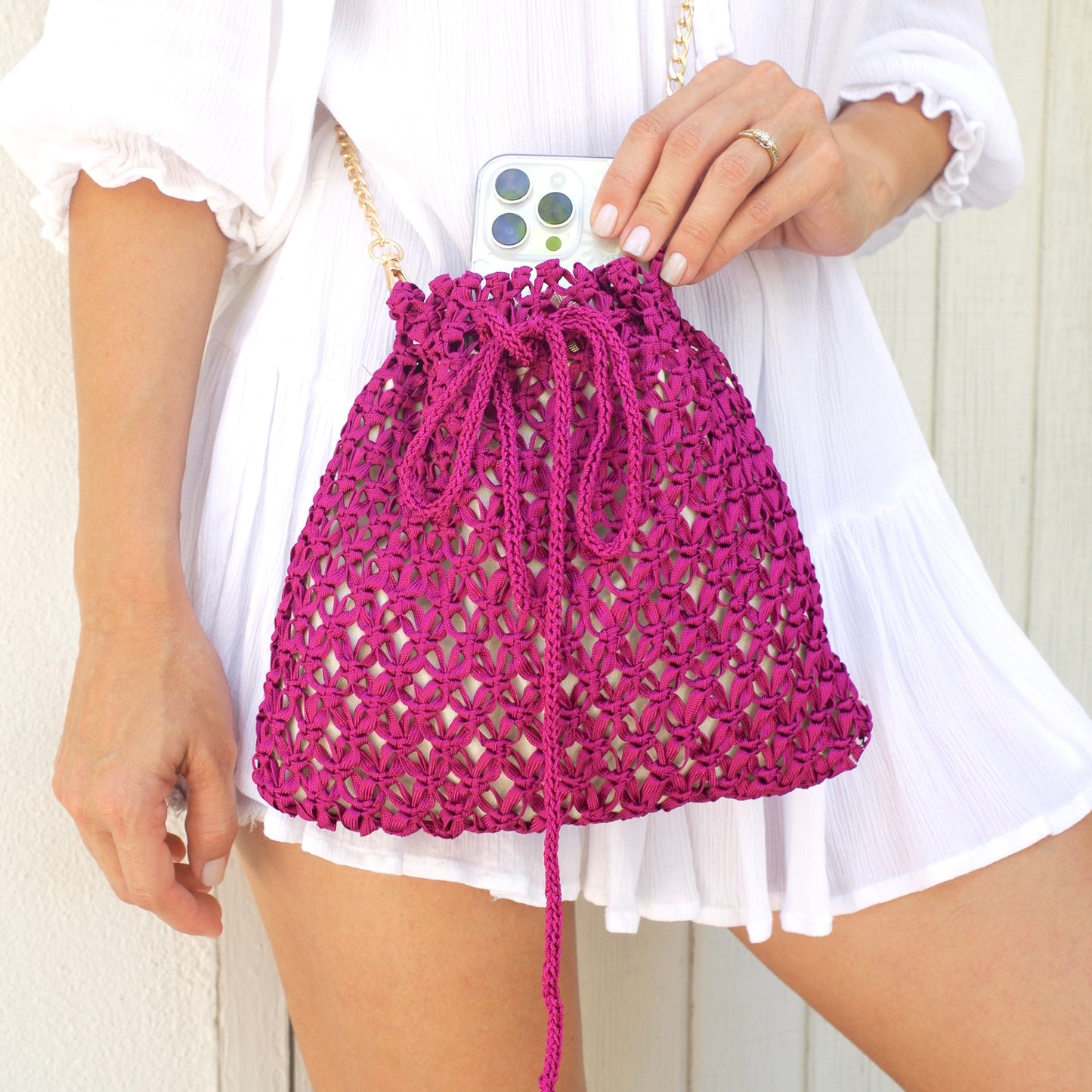 Handmade purse. Crochet strap, Fully lined, includes pockets. Drawstring macrame bag perfect for traveling.