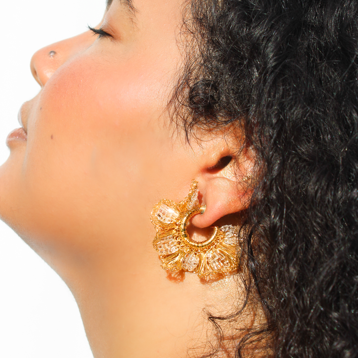 Crochet medium ruffled gold hoop earrings with clear crystal beads. Golden statement lightweight post and clip earrings. Gold and crystal hoop earrings made by hand.