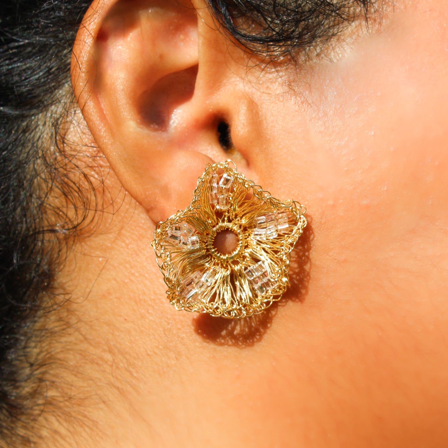 Mini Ruffled crochet post and clip beaded earrings. 18 karat gold filled copper wire, Handmade crochet flower gold earrings