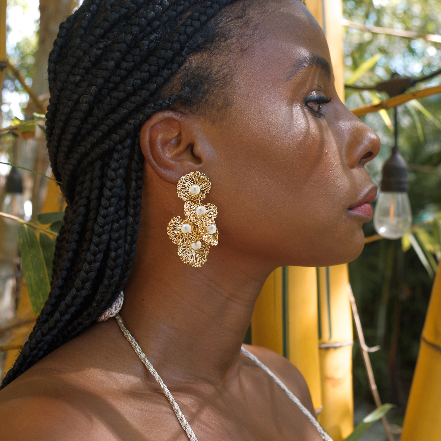 Multy layered shell crochet pearl earrings. Handmade crochet long gold earrings with pearl beads. Dangle and drop earrings