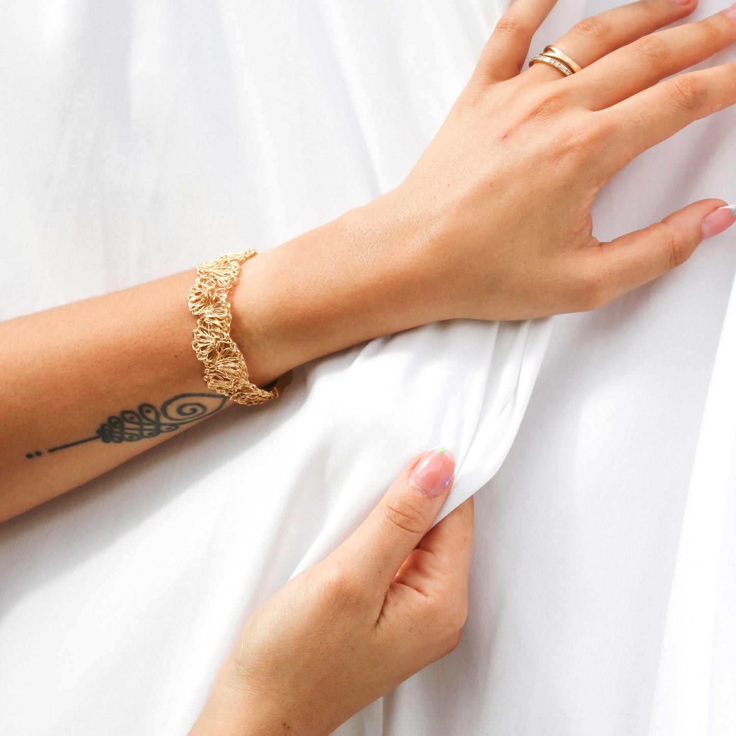 Thin Crochet Bracelet gold 18k gold plated magnetic closure. Handmade crochet jewelry.