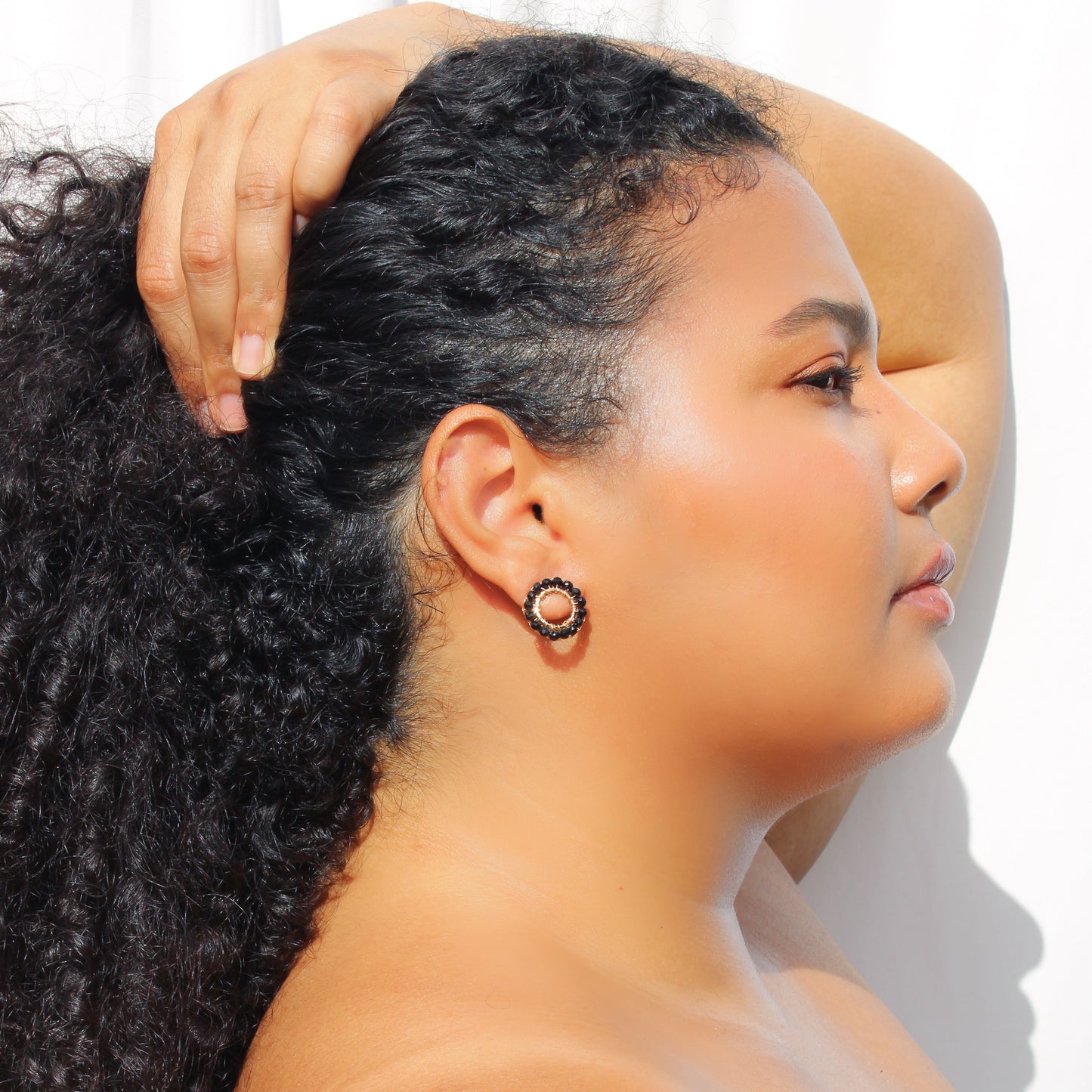 small circle crochet handmade earrings. 18 karat gold filled copper wire. Lightweight and delicate with black beads