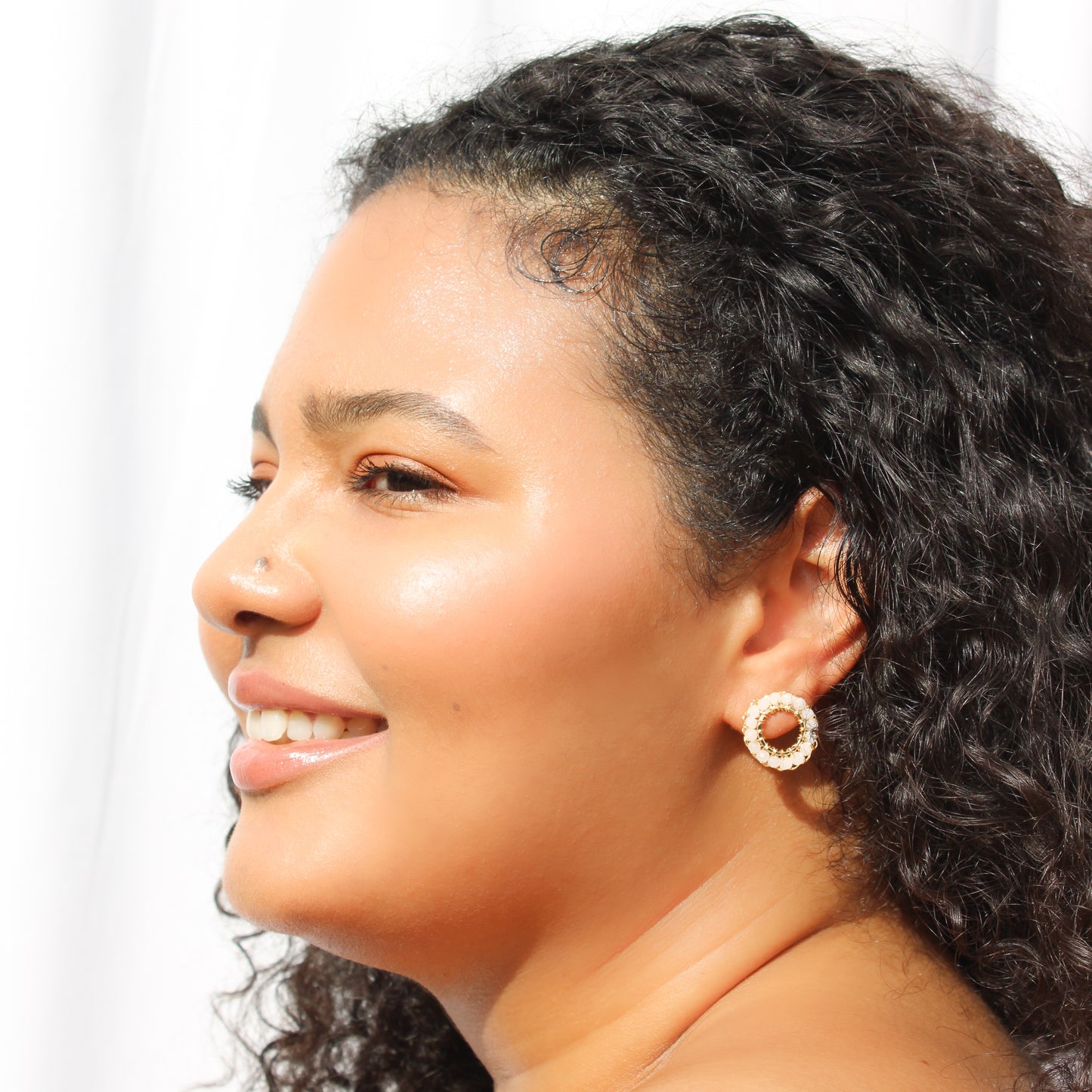 small circle crochet handmade earrings. 18 karat gold filled copper wire. Lightweight and delicate with white beads