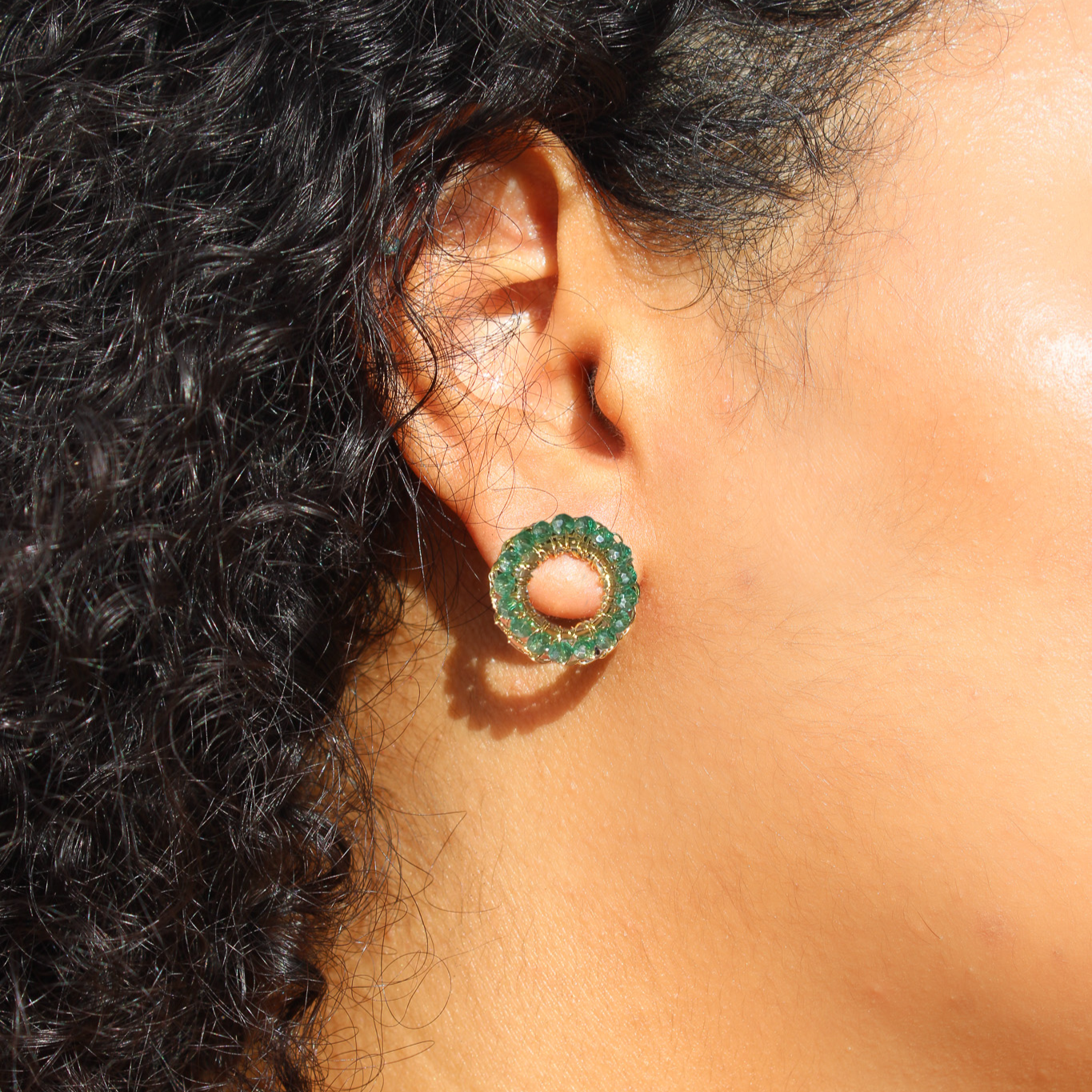 Handmade crochet turquoise beaded earrings. Small geometric stud earrings made by hand with gold and beads,