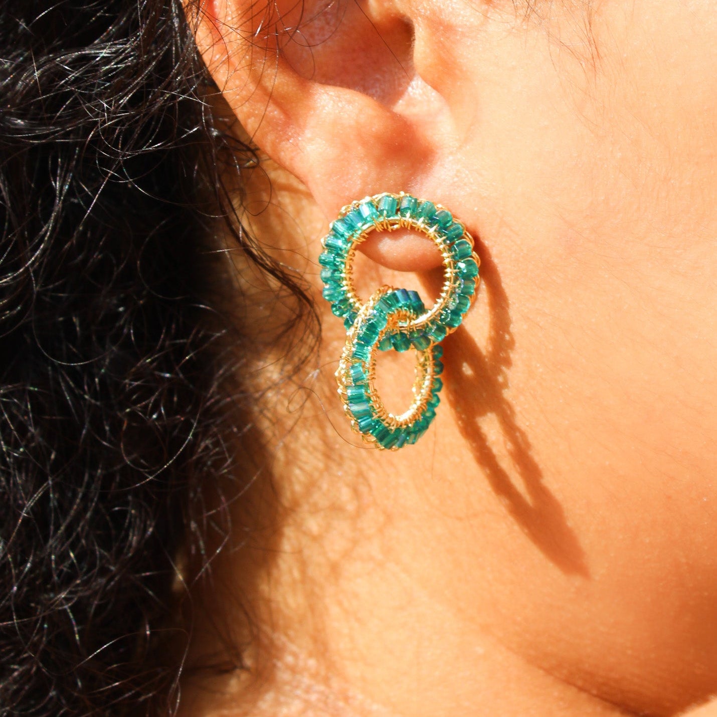 Crochet beaded geometric earrings. 18 karat gold filled copper wire. Super lightweight earrings with colored beads