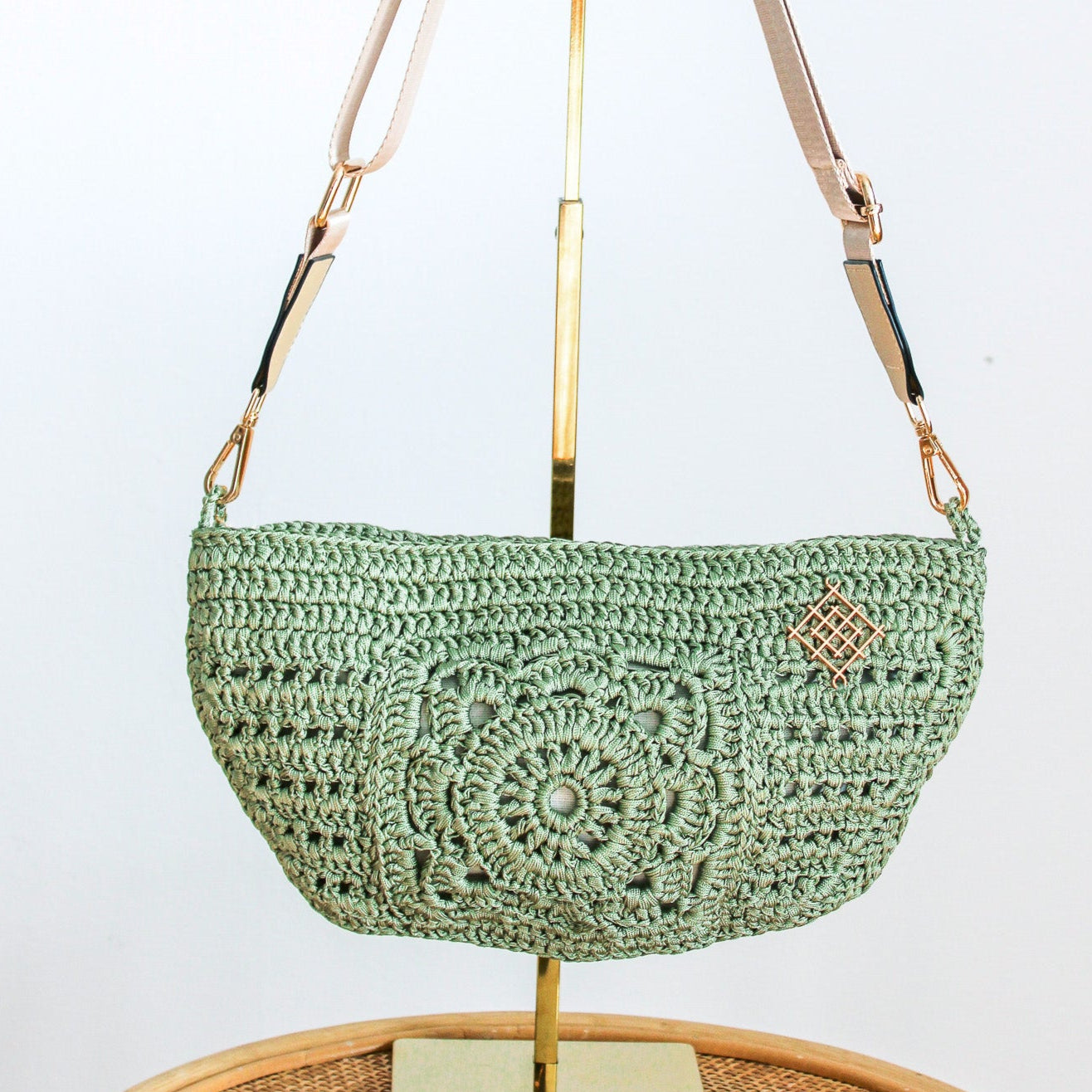 Sage green crochet crossbody bag. This sling bag is handmade with granny square design. Crochet handmade fanny pack adjustable straps