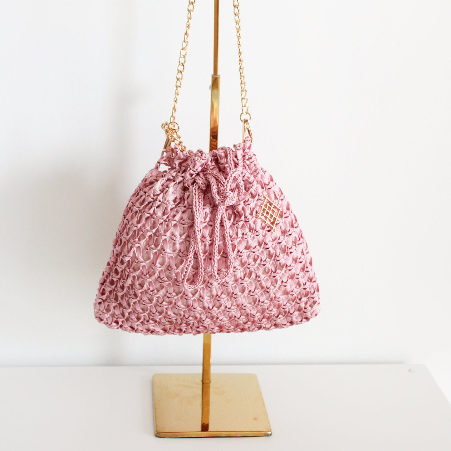 Handmade purse. Crochet strap, Fully lined, includes pockets. Drawstring crochet bag perfect for traveling.