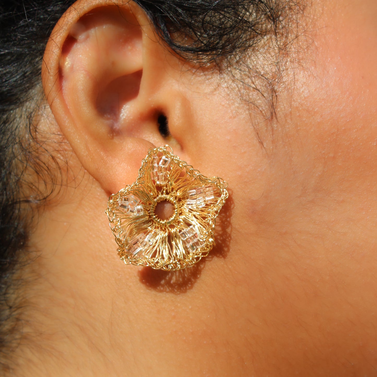 Mini Ruffled crochet post and clip beaded earrings. 18 karat gold filled copper wire, Handmade crochet flower gold earrings