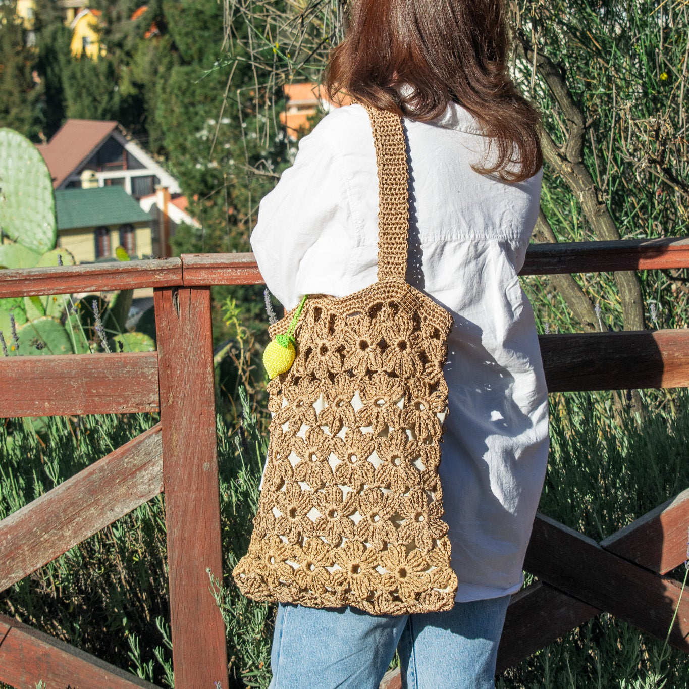 Handmade crochet flower tote bag in beige. This handmade tote bag features soft interior lining and pocket. each bag has over 40 crochet flowers and has lots of space to fit your stuff, like phone, wallet, glasses, make up bag, hat, etc. Perfect classy handmade tote bag in gold