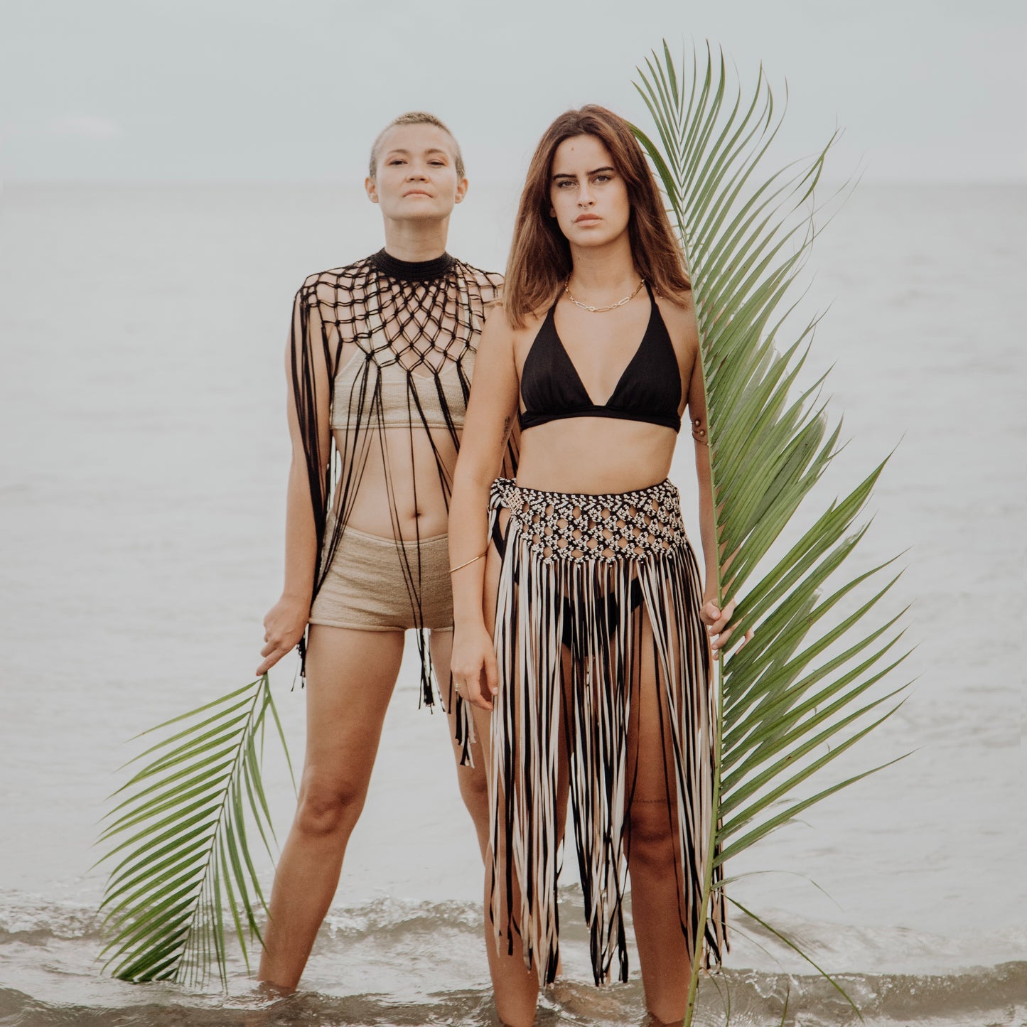Beige & Black Marina Macrame BeachSkirt or Belt Beach Cover Up with tassels. Weaving width: 6